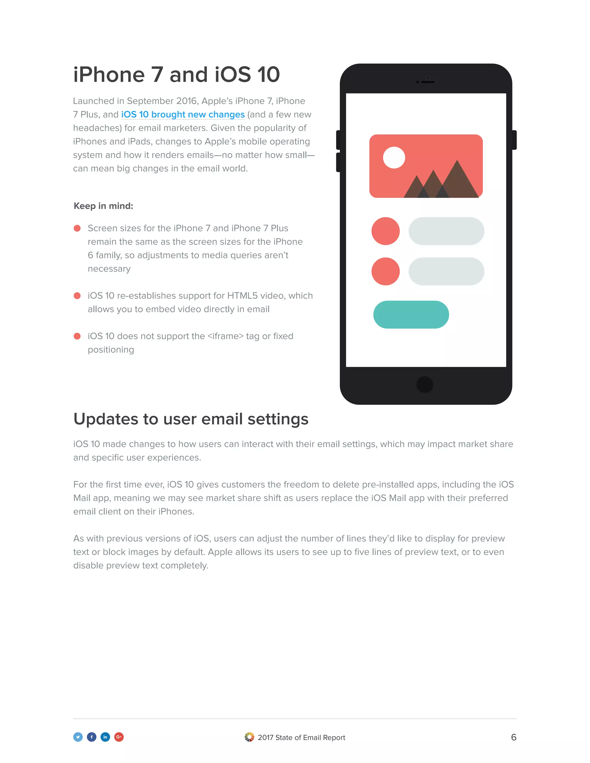 62017 State of Email Report   
Screen sizes for the iPhone 7 and iPhone 7 Plus
remain the same as the screen sizes for the iPhone
6 family, so adjustments to media queries aren’t
necessary
iOS 10 re-establishes support for HTML5 video, which
allows you to embed video directly in email
iOS 10 does not support the <iframe> tag or fixed
positioning
Keep in mind:
Launched in September 2016, Apple’s iPhone 7, iPhone
7 Plus, and iOS 10 brought new changes (and a few new
headaches) for email marketers. Given the popularity of
iPhones and iPads, changes to Apple’s mobile operating
system and how it renders emails—no matter how small—
can mean big changes in the email world.
iPhone 7 and iOS 10
Updates to user email settings
iOS 10 made changes to how users can interact with their email settings, which may impact market share
and specific user experiences.
For the first time ever, iOS 10 gives customers the freedom to delete pre-installed apps, including the iOS
Mail app, meaning we may see market share shift as users replace the iOS Mail app with their preferred
email client on their iPhones.
As with previous versions of iOS, users can adjust the number of lines they’d like to display for preview
text or block images by default. Apple allows its users to see up to five lines of preview text, or to even
disable preview text completely.
 