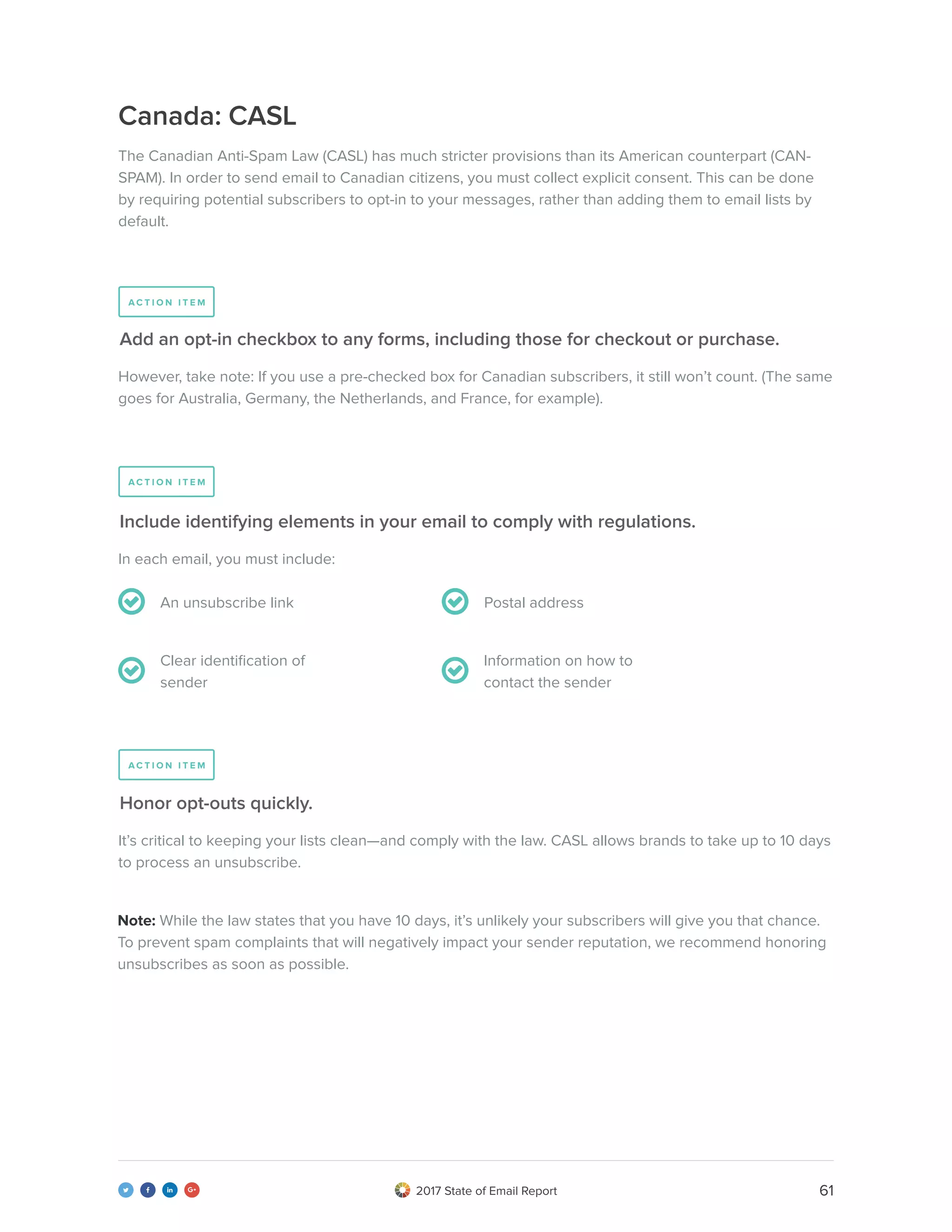 612017 State of Email Report   
Canada: CASL
The Canadian Anti-Spam Law (CASL) has much stricter provisions than its American counterpart (CAN-
SPAM). In order to send email to Canadian citizens, you must collect explicit consent. This can be done
by requiring potential subscribers to opt-in to your messages, rather than adding them to email lists by
default.
However, take note: If you use a pre-checked box for Canadian subscribers, it still won’t count. (The same
goes for Australia, Germany, the Netherlands, and France, for example).
It’s critical to keeping your lists clean—and comply with the law. CASL allows brands to take up to 10 days
to process an unsubscribe.
In each email, you must include:
An unsubscribe link
Clear identification of
sender
Postal address
Information on how to
contact the sender
Add an opt-in checkbox to any forms, including those for checkout or purchase.
Honor opt-outs quickly.
Include identifying elements in your email to comply with regulations.
Note: While the law states that you have 10 days, it’s unlikely your subscribers will give you that chance.
To prevent spam complaints that will negatively impact your sender reputation, we recommend honoring
unsubscribes as soon as possible.
A C T I O N I T E M
A C T I O N I T E M
A C T I O N I T E M
 