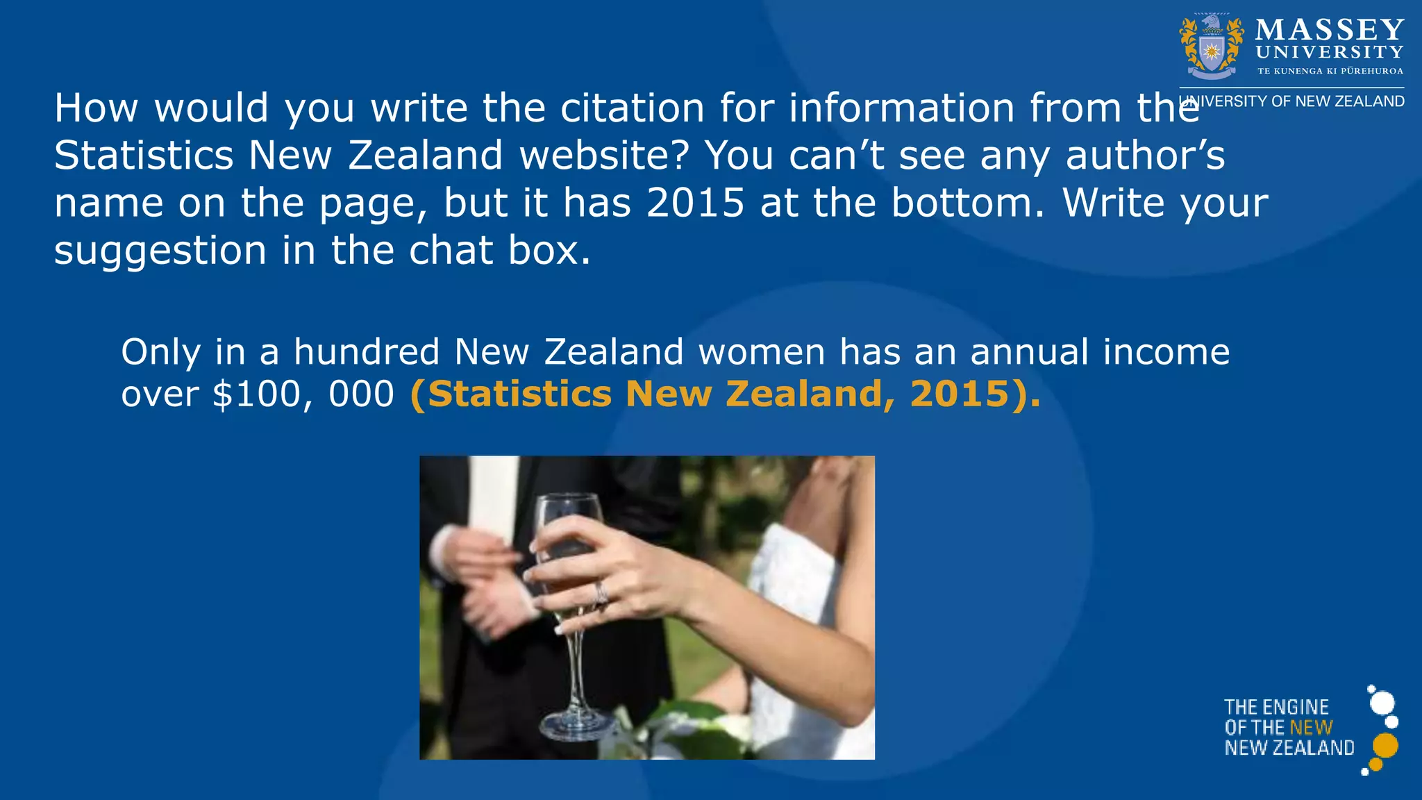 How would you write the citation for information from the
Statistics New Zealand website? You can’t see any author’s
name on the page, but it has 2015 at the bottom. Write your
suggestion in the chat box.
Only one in a hundred New Zealand women has an annual income
over $100, 000 (Statistics New Zealand, 2015).
 
