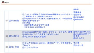 87 2014/11/28
①じっくりと把握する iOS8 / iPhone6 最前線〜ユーザーにとっ
て、開発者にとって何が変わったのか
②iPhone 6がリリースされて2ヶ月が過ぎました 〜iOSの分断
化時代を乗り切ろう〜
③LT大会
・iOS7で遭遇したブラウザバグ達
・ペアプロ合コンに参加して
安藤幸央
小野将司
@monjudoh
@eduraaa
88 2014/12/15
①connpassの作り方〜技術、デザイン、プロセス、思考
②545人のインフラを支えたNOCチーム！
③PyCon JP を支える技術
Connpassチーム
(@AE35,@IanMLewi
s,@uniq,@haru860)
小林 正幸
鈴木たかのり
89 2015/ 1/30
①はじめてのLean Canvas〜最初のアイディアを言語化し
てみよう
②コワクナイC++
中川伸一
渋川よしき
(敬称略）
 