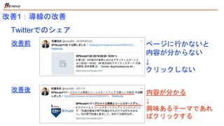 改善1：導線の改善
改善前
改善後 内容が分かる
↓
興味あるテーマであれ
ばクリックする
ページに行かないと
内容が分からない
↓
クリックしない
Twitterでのシェア
 
