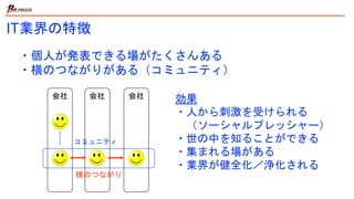 IT業界の特徴
・個人が発表できる場がたくさんある
・横のつながりがある（コミュニティ）
会社 会社 会社
横のつながり
コミュニティ
効果
・人から刺激を受けられる
（ソーシャルプレッシャー）
・世の中を知ることができる
・集まれる場がある
・業界が健全化／浄化される
 