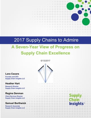 A Seven-Year View of Progress on
Supply Chain Excellence
6/13/2017
Lora Cecere
Founder and CEO
Supply Chain Insights LLC
Heather Hart
Research Director
Supply Chain Insights LLC
Regina Denman
Client Services Director
Supply Chain Insights LLC
Samuel Borthwick
Research Associate
Supply Chain Insights LLC
2017 Supply Chains to Admire
 