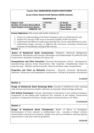 Course Title: REINFORCED EARTH STRUCTURES
As per Choice Based Credit System (CBCS) scheme]
SEMESTER:VII
Subject Code 17CV754 IA Marks 40
Number of Lecture Hours/Week 03 Exam Marks 60
Total Number of Lecture Hours 40 Exam Hours 03
CREDITS –03 Total Marks- 100
Course Objectives: This course will enable students to;
1. Create an understanding of the latest technique such as reinforcing the soil;
2. Analyze the concept of RE so as to ascertain stability of RE structures;
3. Understand the different reinforcing materials that can be used efficiently in soils.
4. Understand design concepts of different RE structures including introductory
concepts of Foundations resting of RE soil bed.
Module -1
Basics of Reinforced Earth Construction: Definition, Historical Background,
Components, Mechanism and Concept, Advantages and Disadvantage of reinforced earth
Construction, Sandwich technique for clayey soil.
Geosynthetics and Their Functions: Historical developments, Recent developments,
manufacturing process woven &non-woven, Raw materials –Classification based on
materials type – Metallic and Non-metallic, Natural and Man-made, Geosynthetics
Properties and Tests on Materials Properties – Physical, Chemical, Mechanical,
Hydraulic, Endurance and Degradation requirements, Testing & Evaluation of properties
L1,L2,L3
Module -2
Design of Reinforced Earth Retaining Walls: Concept of Reinforced earth retaining
wall, Internal and external stability, Selection of materials, Typical design problems
Soil Nailing Techniques: Concept, Advantages & limitations of soil nailing techniques,
comparison of soil nailing with reinforced soil, methods of soil nailing, Construction
sequence, Components of system, Design aspects and precautions to be taken
L1,L2,L3,L4
Module -3
Design of Reinforced Earth Foundations: Modes of failure of foundation,
Determination of force induced in reinforcement ties – Location of failure surface,
tension failure and pull out resistance, length of tie and its curtailment, Bearing capacity
improvement in soft soils, General guidelines.
L2,L3,L4
 