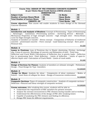 Course Title: DESIGN OF PRE STRESSED CONCRETE ELEMENTS
As per Choice Based Credit System (CBCS) scheme]
SEMESTER:VIII
Subject Code 17CV82 IA Marks 40
Number of Lecture Hours/Week 04 Exam Marks 60
Total Number of Lecture Hours 50 Exam Hours 03
CREDITS –04 Total Marks- 100
Course objectives: This course will enable students to learn Design of Pre Stressed
Concrete Elements
Module -1
Introduction and Analysis of Members: Concept of Prestressing - Types of Prestressing
- Advantages - Limitations –Prestressing systems - Anchoring devices - Materials -
Mechanical Properties of high strength concrete - high strength steel - Stress-Strain
curve for High strength concrete.
Analysis of members at transfer - Stress concept - Comparison of behavior of reinforced
concrete - prestressed concrete - Force concept - Load balancing concept - Kern point -
Pressure line.
L1,L2
Module -2
Losses in Prestress: Loss of Prestress due to Elastic shortening, Friction, Anchorage
slip, Creep of concrete, Shrinkage of concrete and Relaxation of steel - Total Loss.
Deflection and Crack Width Calculations of Deflection due to gravity loads - Deflection
due to prestressing force -Total deflection - Limits of deflection - Limits of span-to-
effective depth ratio -Calculation of Crack Width - Limits of crack width.
L1,L2
Module -3
Design of Sections for Flexure: Analysis of members at ultimate strength - Preliminary
Design - Final Design for Type 1members
L1,L2,L3
Module -4
Design for Shear: Analysis for shear - Components of shear resistance - Modes of
Failure - Limit State of collapse for shear - Design of transverse reinforcement.
L1,L2,L3
Module -5
Composite Sections: Types of composite construction - Analysis of composite sections -
Deflection –Flexural and shear strength of composite sections.
L1,L2,L3
Course outcomes: After studying this course, students will be able to:
• Understand the requirement of PSC members for present scenario.
• Analyse the stresses encountered in PSC element during transfer and at working.
• Understand the effectiveness of the design of PSC after studying losses
• Capable of analyzing the PSC element and finding its efficiency.
• Design PSC beam for different requirements.
 