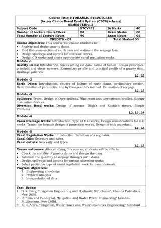 Course Title: HYDRAULIC STRUCTURES
[As per Choice Based Credit System (CBCS) scheme]
SEMESTER:VIII
Subject Code 17CV832 IA Marks 40
Number of Lecture Hours/Week 03 Exam Marks 60
Total Number of Lecture Hours 40 Exam Hours 03
CREDITS – 03 Total Marks-100
Course objectives: This course will enable students to;
• Analyze and design gravity dams.
• Find the cross-section of earth dam and estimate the seepage loss.
• Design spillways and aprons for diversion works.
• Design CD works and chose appropriate canal regulation works.
Module -1
Gravity Dams: Introduction, forces acting on dam, cause of failure, design principles,
principal and shear stresses. Elementary profile and practical profile of a gravity dam.
Drainage galleries.
L2, L3
Module -2
Earth Dams: Introduction, causes of failure of earth dams, preliminary section,
Determination of parametric line by Casagrande’s method. Estimation of seepage.
L2, L3
Module -3
Spillways: Types, Design of Ogee spillway, Upstream and downstream profiles, Energy
dissipation devices.
Diversion Head works: Design of aprons- Bligh’s and Koshla’s theory, Simple
Problems
L2, L3, L4
Module -4
Cross Drainage Works: Introduction, Type of C.D works, Design considerations for C.D
works. Transition formula design of protection works, Design of only aqueduct.
L2, L3
Module -5
Canal Regulation Works: Introduction, Function of a regulator.
Canal falls: Necessity and types.
Canal outlets: Necessity and types.
L2, L3
Course outcomes: After studying this course, students will be able to:
• Check the stability of gravity dams and design the dam.
• Estimate the quantity of seepage through earth dams.
• Design spillways and aprons for various diversion works.
• Select particular type of canal regulation work for canal network.
Program Objectives:
1. Engineering knowledge
2. Problem analysis
3. Interpretation of data
Text Books:
1. S. K. Garg, “Irrigation Engineering and Hydraulic Structures”, Khanna Publishers,
New Delhi.
2. Punmia and PandeyLal, “Irrigation and Water Power Engineering” Lakshmi
Publications, New Delhi.
3. K. R. Arora. “Irrigation, Water Power and Water Resources Engineering” Standard
 