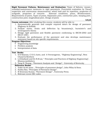 Rigid Pavement Failures, Maintenance and Evaluation: Types of failures, causes,
remedial/maintenance measures in rigid pavements, Functional evaluation by Visual
inspection and unevenness measurements, wheel load and its repetition, properties of
subgrade, properties of concrete. External conditions, joints, Reinforcement,
Requirements of joints, Types of joints, Expansion joint, contraction joint, warping joint,
construction joint, longitudinal joint, Design of joints
L4,L5
Course outcomes: After studying this course, students will be able to:
1. Systematically generate and compile required data’s for design of pavement
(Highway & Airfield).
2. Analyze stress, strain and deflection by boussinesq’s, burmister’s and
westergaard’s theory.
3. Design rigid pavement and flexible pavement conforming to IRC58-2002 and
IRC37-2001.
4. Evaluate the performance of the pavement and also develops maintenance
statement based on site specific requirements.
Program Objectives:
• Engineering knowledge
• Problem analysis
• Interpretation of data
Text Books:
1. S K Khanna, C E G Justo, and A Veeraragavan, “Highway Engineering”, Nem
Chand & Brothers
2. L.R.Kadiyali and Dr.N.B.Lal, “ Principles and Practices of Highway Engineering”,
Khanna publishers
3. Yang H. Huang , “Pavement Analysis and Design”, University of Kentucky
Reference Books:
1. Yoder & wit zorac , “Principles of pavement design”, John Wiley & Sons.
2. Subha Rao, “Principles of Pavement Design”.
3. R Srinivasa Kumar, “Pavement Design” , University Press.
4. Relevant recent IRC codes
 