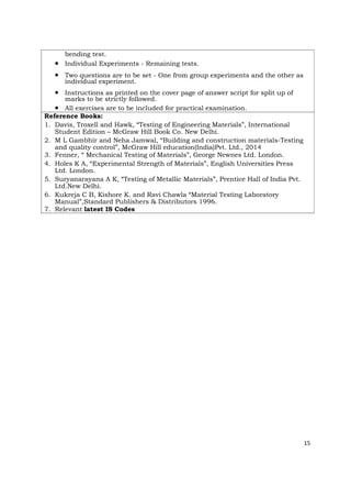 bending test.
• Individual Experiments - Remaining tests.
• Two questions are to be set - One from group experiments and the other as
individual experiment.
• Instructions as printed on the cover page of answer script for split up of
marks to be strictly followed.
• All exercises are to be included for practical examination.
Reference Books:
1. Davis, Troxell and Hawk, “Testing of Engineering Materials”, International
Student Edition – McGraw Hill Book Co. New Delhi.
2. M L Gambhir and Neha Jamwal, “Building and construction materials-Testing
and quality control”, McGraw Hill education(India)Pvt. Ltd., 2014
3. Fenner, “ Mechanical Testing of Materials”, George Newnes Ltd. London.
4. Holes K A, “Experimental Strength of Materials”, English Universities Press
Ltd. London.
5. Suryanarayana A K, “Testing of Metallic Materials”, Prentice Hall of India Pvt.
Ltd.New Delhi.
6. Kukreja C B, Kishore K. and Ravi Chawla “Material Testing Laboratory
Manual”,Standard Publishers & Distributors 1996.
7. Relevant latest IS Codes
15
 