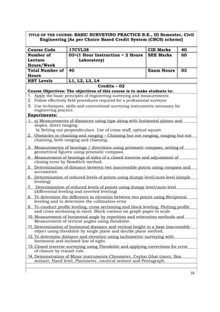 TITLE OF THE COURSE: BASIC SURVEYING PRACTICE B.E., III Semester, Civil
Engineering [As per Choice Based Credit System (CBCS) scheme]
Course Code 17CVL38 CIE Marks 40
Number of 03=(1 Hour Instruction + 2 Hours SEE Marks 60
Lecture Laboratory)
Hours/Week
Total Number of 40 Exam Hours 03
Hours
RBT Levels L1, L2, L3, L4
Credits – 02
Course Objectives: The objectives of this course is to make students to:
1. Apply the basic principles of engineering surveying and measurements
2. Follow effectively field procedures required for a professional surveyor
3. Use techniques, skills and conventional surveying instruments necessary for
engineering practice.
Experiments:
1. a) Measurements of distances using tape along with horizontal planes and
slopes, direct ranging.
b) Setting out perpendiculars. Use of cross staff, optical square
2. Obstacles in chaining and ranging – Chaining but not ranging, ranging but not
chaining, both ranging and chaining.
3. Measurements of bearings / directions using prismatic compass, setting of
geometrical figures using prismatic compass.
4. Measurement of bearings of sides of a closed traverse and adjustment of
closing error by Bowditch method.
5. Determination of distance between two inaccessible points using compass and
accessories
6. Determination of reduced levels of points using dumpy level/auto level (simple
leveling)
7. Determination of reduced levels of points using dumpy level/auto level
(differential leveling and inverted leveling)
8. To determine the difference in elevation between two points using Reciprocal
leveling and to determine the collimation error
9. To conduct profile leveling, cross sectioning and block leveling. Plotting profile
and cross sectioning in excel. Block contour on graph paper to scale
10. Measurement of horizontal angle by repetition and reiteration methods and
Measurement of vertical angles using theodolite.
11. Determination of horizontal distance and vertical height to a base inaccessible
object using theodolite by single plane and double plane method.
12. To determine distance and elevation using tachometric surveying with
horizontal and inclined line of sight.
13. Closed traverse surveying using Theodolite and applying corrections for error
of closure by transit rule.
14. Demonstration of Minor instruments Clinometer, Ceylon Ghat tracer, Box
sextant, Hand level, Planimeter, nautical sextant and Pentagraph
16
 