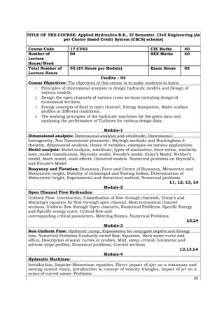 TITLE OF THE COURSE: Applied Hydraulics B.E., IV Semester, Civil Engineering [As
per Choice Based Credit System (CBCS) scheme]
Course Code 17 CV43 CIE Marks 40
Number of 04 SEE Marks 60
Lecture
Hours/Week
Total Number of 50 (10 Hours per Module) Exam Hours 03
Lecture Hours
Credits – 04
Course Objectives: The objectives of this course is to make students to learn:
1. Principles of dimensional analysis to design hydraulic models and Design of
various models.
2. Design the open channels of various cross sections including design of
economical sections.
3. Energy concepts of fluid in open channel, Energy dissipation, Water surface
profiles at different conditions.
4. The working principles of the hydraulic machines for the given data and
analyzing the performance of Turbines for various design data.
Module-1
Dimensional analysis: Dimensional analysis and similitude: Dimensional
homogeneity, Non Dimensional parameter, Rayleigh methods and Buckingham ð
theorem, dimensional analysis, choice of variables, examples on various applications.
Model analysis: Model analysis, similitude, types of similarities, force ratios, similarity
laws, model classification, Reynolds model, Froude’s model, Euler’s Model, Webber’s
model, Mach model, scale effects, Distorted models. Numerical problems on Reynold’s,
and Froude’s Model
Buoyancy and Flotation: Buoyancy, Force and Centre of Buoyancy, Metacentre and
Metacentric height, Stability of submerged and floating bodies, Determination of
Metacentric height, Experimental and theoretical method, Numerical problems
L1, L2, L3, L4
Module-2
Open Channel Flow Hydraulics:
Uniform Flow: Introduction, Classification of flow through channels, Chezy’s and
Manning’s equation for flow through open channel, Most economical channel
sections, Uniform flow through Open channels, Numerical Problems. Specific Energy
and Specific energy curve, Critical flow and
corresponding critical parameters, Metering flumes, Numerical Problems
L3,L4
Module-3
Non-Uniform Flow: Hydraulic Jump, Expressions for conjugate depths and Energy
loss, Numerical Problems Gradually varied flow, Equation, Back water curve and
afflux, Description of water curves or profiles, Mild, steep, critical, horizontal and
adverse slope profiles, Numerical problems, Control sections
L2,L3,L4
Module-4
Hydraulic Machines:
Introduction, Impulse-Momentum equation. Direct impact of ajet on a stationary and
moving curved vanes, Introduction to concept of velocity triangles, impact of jet on a
series of curved vanes- Problems
20
 