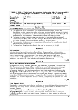 TITLE OF THE COURSE: Basic Geotechnical Engineering B.E., IV Semester, Civil
Engineering [As per Choice Based Credit System (CBCS) scheme]
Course Code 17 CV45 CIE Marks 40
Number of 04 SEE Marks 60
Lecture
Hours/Week
Total Number of 50 (10 Hours per Module) Exam Hours 03
Lecture Hours
Credits – 04
Course Objectives: This course will enable students
1. To appreciate basic concepts of soil mechanics as an integral part in the
knowledge of civil engineering. Also to become familiar broadly with geotechnical
engineering problems such as, foundation engineering, flow of water through soil
medium and terminologies associated with geotechnical engineering.
2. To know the basic engineering properties and the mechanical behaviour of
different types of soil. This includes strength-deformation characteristics under
shearing stresses. Also consolidation properties of clayey soils.
3. To determine the improvement in mechanical behaviour by densification of soil
deposits using compaction.
4. To know how the properties of soils that can be measured in the lab
Module-1
Introduction:
Introduction, origin and formation of soil, Phase Diagram, phase relationships,
definitions and their inter relationships. Determination of Index properties-Specific
gravity, water content, in-situ density and particle size analysis (sieve and
sedimentation analysis) Atterberg’s Limits, consistency indices, relative density,
activity of clay, Plasticity chart, unified and BIS soil classification.
L1, L2
Module-2
Soil Structure and Clay Mineralogy
Single grained, honey combed, flocculent and dispersed structures, Valence bonds,
Soil-Water system, Electrical diffuse double layer, adsorbed water, base-exchange
capacity, Isomorphous substitution. Common clay minerals in soil and their
structures- Kaolinite, Illite and ontmorillonite and their application in Engineering
Compaction of Soils: Definition, Principle of compaction, Standard and Modified
proctor’s compaction tests, factors affecting compaction, effect of compaction on soil
properties, Field compaction control - compactive effort & method of compaction, lift
thickness and number of passes, Proctor’s needle, Compacting equipments and their
suitability.
L1, L2
Module-3
Flow through Soils:
Darcy’s law- assumption and validity, coefficient of permeability and its determination
(laboratory and field), factors affecting permeability, permeability of stratified soils,
Seepage velocity,
superficial velocity and coefficient of percolation, Capillary Phenomena
Seepage Analysis: Laplace equation, assumptions, limitations and its derivation.
Flow nets- characteristics and applications. Flow nets for sheet piles a nd below the
dam section.
24
 