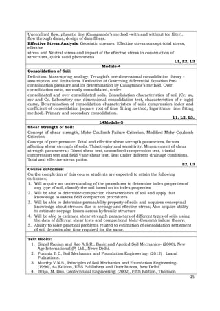 Unconfined flow, phreatic line (Casagrande’s method –with and without toe filter),
flow through dams, design of dam filters.
Effective Stress Analysis: Geostatic stresses, Effective stress concept-total stress,
effective
stress and Neutral stress and impact of the effective stress in construction of
structures, quick sand phenomena
L1, L2, L3
Module-4
Consolidation of Soil:
Definition, Mass-spring analogy, Terzaghi’s one dimensional consolidation theory -
assumption and limitations. Derivation of Governing differential Equation Pre-
consolidation pressure and its determination by Casagrande’s method. Over
consolidation ratio, normally consolidated, under
consolidated and over consolidated soils. Consolidation characteristics of soil (Cc, av,
mv and Cv. Laboratory one dimensional consolidation test, characteristics of e-log(σ)
curve, Determination of consolidation characteristics of soils compression index and
coefficient of consolidation (square root of time fitting method, logarithmic time fitting
method). Primary and secondary consolidation.
L1, L2, L3,
L4Module-5
Shear Strength of Soil:
Concept of shear strength, Mohr–Coulomb Failure Criterion, Modified Mohr–Coulomb
Criterion
Concept of pore pressure, Total and effective shear strength parameters, factors
affecting shear strength of soils. Thixotrophy and sensitivity, Measurement of shear
strength parameters - Direct shear test, unconfined compression test, triaxial
compression test and field Vane shear test, Test under different drainage conditions.
Total and effective stress paths.
L2, L3
Course outcomes:
On the completion of this course students are expected to attain the following
outcomes;
1. Will acquire an understanding of the procedures to determine index properties of
any type of soil, classify the soil based on its index properties
2. Will be able to determine compaction characteristics of soil and apply that
knowledge to assess field compaction procedures
3. Will be able to determine permeability property of soils and acquires conceptual
knowledge about stresses due to seepage and effective stress; Also acquire ability
to estimate seepage losses across hydraulic structure
4. Will be able to estimate shear strength parameters of different types of soils using
the data of different shear tests and comprehend Mohr-Coulomb failure theory.
5. Ability to solve practical problems related to estimation of consolidation settlement
of soil deposits also time required for the same.
Text Books:
1. Gopal Ranjan and Rao A.S.R., Basic and Applied Soil Mechanics- (2000), New
Age International (P) Ltd., Newe Delhi.
2. Punmia B C, Soil Mechanics and Foundation Engineering- (2012) , Laxmi
Pulications.
3. Murthy V.N.S., Principles of Soil Mechanics and Foundation Engineering-
(1996), 4th Edition, UBS Publishers and Distributors, New Delhi.
4. Braja, M. Das, Geotechnical Engineering; (2002), Fifth Edition, Thomson
25
 