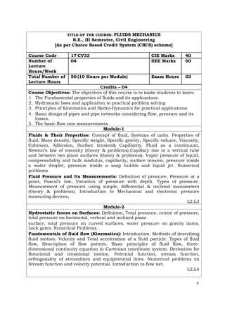 TITLE OF THE COURSE: FLUIDS MECHANICS
B.E., III Semester, Civil Engineering
[As per Choice Based Credit System (CBCS) scheme]
Course Code 17 CV33 CIE Marks 40
Number of 04 SEE Marks 60
Lecture
Hours/Week
Total Number of 50 (10 Hours per Module) Exam Hours 03
Lecture Hours
Credits – 04
Course Objectives: The objectives of this course is to make students to learn:
1. The Fundamental properties of fluids and its applications.
2. Hydrostatic laws and application to practical problem solving
3. Principles of Kinematics and Hydro-Dynamics for practical applications
4. Basic design of pipes and pipe networks considering flow, pressure and its
losses.
5. The basic flow rate measurements
Module-1
Fluids & Their Properties: Concept of fluid, Systems of units. Properties of
fluid; Mass density, Specific weight, Specific gravity, Specific volume, Viscosity,
Cohesion, Adhesion, Surface tension& Capillarity. Fluid as a continuum,
Newton’s law of viscosity (theory & problems).Capillary rise in a vertical tube
and between two plane surfaces (theory & problems). Vapor pressure of liquid,
compressibility and bulk modulus, capillarity, surface tension, pressure inside
a water droplet, pressure inside a soap bubble and liquid jet. Numerical
problems
Fluid Pressure and Its Measurements: Definition of pressure, Pressure at a
point, Pascal’s law, Variation of pressure with depth. Types of pressure.
Measurement of pressure using simple, differential & inclined manometers
(theory & problems). Introduction to Mechanical and electronic pressure
measuring devices.
L2,L3
Module-2
Hydrostatic forces on Surfaces: Definition, Total pressure, centre of pressure,
total pressure on horizontal, vertical and inclined plane
surface, total pressure on curved surfaces, water pressure on gravity dams,
Lock gates. Numerical Problems.
Fundamentals of fluid flow (Kinematics): Introduction. Methods of describing
fluid motion. Velocity and Total acceleration of a fluid particle. Types of fluid
flow, Description of flow pattern. Basic principles of fluid flow, three-
dimensional continuity equation in Cartesian coordinate system. Derivation for
Rotational and irroational motion. Potential function, stream function,
orthogonality of streamlines and equipotential lines. Numerical problems on
Stream function and velocity potential. Introduction to flow net.
L2,L4
4
 