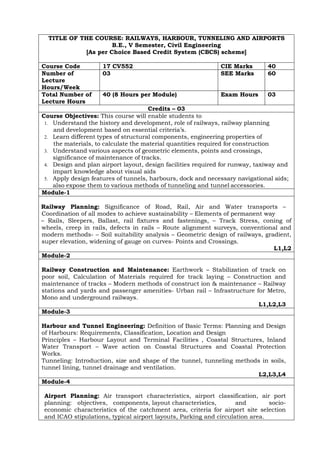 TITLE OF THE COURSE: RAILWAYS, HARBOUR, TUNNELING AND AIRPORTS
B.E., V Semester, Civil Engineering
[As per Choice Based Credit System (CBCS) scheme]
Course Code 17 CV552 CIE Marks 40
Number of
Lecture
Hours/Week
03 SEE Marks 60
Total Number of
Lecture Hours
40 (8 Hours per Module) Exam Hours 03
Credits – 03
Course Objectives: This course will enable students to
1. Understand the history and development, role of railways, railway planning
and development based on essential criteria’s.
2. Learn different types of structural components, engineering properties of
the materials, to calculate the material quantities required for construction
3. Understand various aspects of geometric elements, points and crossings,
significance of maintenance of tracks.
4. Design and plan airport layout, design facilities required for runway, taxiway and
impart knowledge about visual aids
5. Apply design features of tunnels, harbours, dock and necessary navigational aids;
also expose them to various methods of tunneling and tunnel accessories.
Module-1
Railway Planning: Significance of Road, Rail, Air and Water transports –
Coordination of all modes to achieve sustainability – Elements of permanent way
– Rails, Sleepers, Ballast, rail fixtures and fastenings, – Track Stress, coning of
wheels, creep in rails, defects in rails – Route alignment surveys, conventional and
modern methods- – Soil suitability analysis – Geometric design of railways, gradient,
super elevation, widening of gauge on curves- Points and Crossings.
L1,L2
Module-2
Railway Construction and Maintenance: Earthwork – Stabilization of track on
poor soil, Calculation of Materials required for track laying – Construction and
maintenance of tracks – Modern methods of construct ion & maintenance – Railway
stations and yards and passenger amenities- Urban rail – Infrastructure for Metro,
Mono and underground railways.
L1,L2,L3
Module-3
Harbour and Tunnel Engineering: Definition of Basic Terms: Planning and Design
of Harbours: Requirements, Classification, Location and Design
Principles – Harbour Layout and Terminal Facilities , Coastal Structures, Inland
Water Transport – Wave action on Coastal Structures and Coastal Protection
Works.
Tunneling: Introduction, size and shape of the tunnel, tunneling methods in soils,
tunnel lining, tunnel drainage and ventilation.
L2,L3,L4
Module-4
Airport Planning: Air transport characteristics, airport classification, air port
planning: objectives, components, layout characteristics, and socio-
economic characteristics of the catchment area, criteria for airport site selection
and ICAO stipulations, typical airport layouts, Parking and circulation area.
 