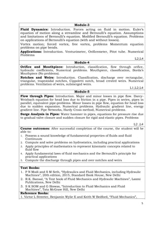 Module-3
Fluid Dynamics: Introduction. Forces acting on fluid in motion. Euler’s
equation of motion along a streamline and Bernoulli’s equation. Assumptions
and limitations of Bernoulli’s equation. Modified Bernoulli’s equation. Problems
on applications of Bernoulli’s equation (with and without losses).
Vortex motion; forced vortex, free vortex, problems Momentum equation
problems on pipe bends.
Applications: Introduction. Venturimeter, Orificemeter, Pitot tube. Numerical
Problems
L2,L4
Module-4
Orifice and Mouthpiece: Introduction, classification, flow through orifice,
hydraulic coefficients, Numerical problems. Mouthpiece, classification, Borda’s
Mouthpiece (No problems).
Notches and Weirs: Introduction. Classification, discharge over rectangular,
triangular, trapezoidal notches, Cippoletti notch, broad crested weirs. Numerical
problems. Ventilation of weirs, submerged weirs.
L1,L2,L4
Module-5
Flow through Pipes: Introduction. Major and minor losses in pipe flow. Darcy-
Weisbach equation for head loss due to friction in a pipe. Pipes in series, pipes in
parallel, equivalent pipe-problems. Minor losses in pipe flow, equation for head loss
due to sudden expansion. Numerical problems. Hydraulic gradient line, energy
gradient line. Pipe Networks, Hardy Cross method, Numerical problems.
Surge Analysis in Pipes: Water hammer in pipes, equations for pressure rise due
to gradual valve closure and sudden closure for rigid and elastic pipes. Problems
L2 ,L4
Course outcomes: After successful completion of the course, the student will be
able to:
1. Possess a sound knowledge of fundamental properties of fluids and fluid
Continuum
2. Compute and solve problems on hydrostatics, including practical applications
3. Apply principles of mathematics to represent kinematic concepts related to
fluid flow
4. Apply fundamental laws of fluid mechanics and the Bernoulli’s principle for
practical applications
5. Compute the discharge through pipes and over notches and weirs
Text Books:
1. P N Modi and S M Seth, “Hydraulics and Fluid Mechanics, including Hydraulic
Machines”, 20th edition, 2015, Standard Book House, New Delhi
2. R.K. Bansal, “A Text book of Fluid Mechanics and Hydraulic Machines”, Laxmi
Publications, New Delhi
3. S K SOM and G Biswas, “Introduction to Fluid Mechanics and Fluid
Machines”, Tata McGraw Hill, New Delhi
Reference Books:
1. Victor L Streeter, Benjamin Wylie E and Keith W Bedford, “Fluid Mechanics”,
5
 