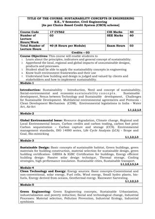 TITLE OF THE COURSE: SUSTAINABILITY CONCEPTS IN ENGINEERING
B.E., V Semester, Civil Engineering
[As per Choice Based Credit System (CBCS) scheme]
Course Code 17 CV562 CIE Marks 40
Number of
Lecture
Hours/Week
03 SEE Marks 60
Total Number of
Lecture Hours
40 (8 Hours per Module) Exam Hours 03
Credits – 03
Course Objectives: This course will enable students to
1. Learn about the principles, indicators and general concept of sustainability.
2. Apprehend the local, regional and global impacts of unsustainable designs,
products and processes.
3. Student shall be able to apply the sustainability concepts in engineering
4. Know built environment frameworks and their use
5. Understand how building and design is judged and valued by clients and
stakeholders and how to implement sustainability.
Module-1
Introduction: Sustainability - Introduction, Need and concept of sustainability,
Social-environmental and economic sustainability c o n c e p t s . Sustainable
development, Nexus between Technology and Sustainable development, Challenges
for Sustainable Development. Multilateral environmental agreements and Protocols -
Clean Development Mechanism (CDM), Environmental legislations in India - Water
Act, Air Act
L1,L2,L3
Module-2
Global Environmental Issue: Resource degradation, Climate change, Regional and
Local Environmental Issues. Carbon credits and carbon trading, carbon foot print
Carbon sequestration – Carbon capture and storage (CCS). Environmental
management standards, ISO 14000 series, Life Cycle Analysis (LCA) - Scope and
Goal, Bio-mimicking
L1,L2,L3
Module-3
Sustainable Design: Basic concepts of sustainable habitat, Green buildings, green
materials for building construction, material selection for sustainable design, green
building certification- GRIHA & IGBC Certification for buildings, Energy efficient
building design- Passive solar design technique, Thermal storage, Cooling
strategies, high performance insulation. Sustainable cities, Sustainable transport.
L1,L2,L3,L4
Module-4
Clean Technology and Energy: Energy sources: Basic concepts-Conventional and
non-conventional, solar energy, Fuel cells, Wind energy, Small hydro plants, bio-
fuels, Energy derived from oceans, Geothermal energy. Rainwater harvesting.
L1,L2,L3
Module-5
Green Engineering: Green Engineering concepts, Sustainable Urbanization,
industrialization and poverty reduction; Social and technological change, Industrial
Processes: Material selection, Pollution Prevention, Industrial Ecology, Industrial
symbiosis
 