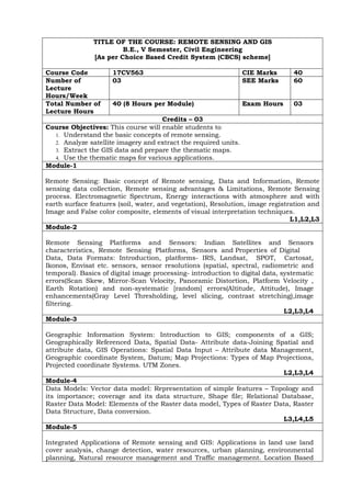 TITLE OF THE COURSE: REMOTE SENSING AND GIS
B.E., V Semester, Civil Engineering
[As per Choice Based Credit System (CBCS) scheme]
Course Code 17CV563 CIE Marks 40
Number of
Lecture
Hours/Week
03 SEE Marks 60
Total Number of
Lecture Hours
40 (8 Hours per Module) Exam Hours 03
Credits – 03
Course Objectives: This course will enable students to
1. Understand the basic concepts of remote sensing.
2. Analyze satellite imagery and extract the required units.
3. Extract the GIS data and prepare the thematic maps.
4. Use the thematic maps for various applications.
Module-1
Remote Sensing: Basic concept of Remote sensing, Data and Information, Remote
sensing data collection, Remote sensing advantages & Limitations, Remote Sensing
process. Electromagnetic Spectrum, Energy interactions with atmosphere and with
earth surface features (soil, water, and vegetation), Resolution, image registration and
Image and False color composite, elements of visual interpretation techniques.
L1,L2,L3
Module-2
Remote Sensing Platforms and Sensors: Indian Satellites and Sensors
characteristics, Remote Sensing Platforms, Sensors and Properties of Digital
Data, Data Formats: Introduction, platforms- IRS, Landsat, SPOT, Cartosat,
Ikonos, Envisat etc. sensors, sensor resolutions (spatial, spectral, radiometric and
temporal). Basics of digital image processing- introduction to digital data, systematic
errors(Scan Skew, Mirror-Scan Velocity, Panoramic Distortion, Platform Velocity ,
Earth Rotation) and non-systematic [random] errors(Altitude, Attitude), Image
enhancements(Gray Level Thresholding, level slicing, contrast stretching),image
filtering.
L2,L3,L4
Module-3
Geographic Information System: Introduction to GIS; components of a GIS;
Geographically Referenced Data, Spatial Data- Attribute data-Joining Spatial and
attribute data, GIS Operations: Spatial Data Input – Attribute data Management,
Geographic coordinate System, Datum; Map Projections: Types of Map Projections,
Projected coordinate Systems. UTM Zones.
L2,L3,L4
Module-4
Data Models: Vector data model: Representation of simple features – Topology and
its importance; coverage and its data structure, Shape file; Relational Database,
Raster Data Model: Elements of the Raster data model, Types of Raster Data, Raster
Data Structure, Data conversion.
L3,L4,L5
Module-5
Integrated Applications of Remote sensing and GIS: Applications in land use land
cover analysis, change detection, water resources, urban planning, environmental
planning, Natural resource management and Traffic management. Location Based
 