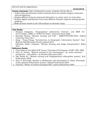 Services And Its Applications.
L3,L4,L5,L6
Course outcomes: After studying this course, students will be able to:
1. Collect data and delineate various elements from the satellite imagery using their
spectral signature.
2. Analyze different features of ground information to create raster or vector data.
3. Perform digital classification and create different thematic maps for solving specific
problems
4. Make decision based on the GIS analysis on thematic maps.
Text Books:
1. Narayan Panigrahi, “Geographical Information Science”, and ISBN 10:
8173716285 / ISBN 13: 9788173716287, University Press 2008.
2. Basudeb Bhatta, “Remote sensing and GIS” , ISBN:9780198072393, Oxford
University Press 2011
3. Kang – Tsurg Chang, “Introduction to Geographic Information System”. Tata
McGraw Hill Education Private Limited 2015.
Lillesand, Kiefer, Chipman, “Remote Sensing and Image Interpretation”, Wiley
2011.
Reference Books:
1. Chor Pang Lo and Albert K.W Yeung, “Concepts & Techniques of GIS”, PHI, 2006
2. John R. Jensen, “Remote sensing of the environment”, An earth resources
perspective – 2nd edition – by Pearson Education 2007.
3. Anji Reddy M., “Remote sensing and Geograperhical information system”, B.S.
Publications 2008.
4. Peter A. Burrough, Rachael A. McDonnell, and Christopher D. Lloyd, “Principals
of Geo physical Information system”, Oxford Publications 2004.
5. S Kumar, “Basics of remote sensing & GIS”, Laxmi publications 2005.
 