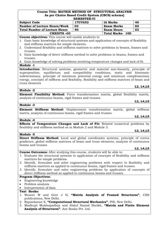 Course Title: MATRIX METHOD OF STRUCTURAL ANALYSIS
As per Choice Based Credit System (CBCS) scheme]
SEMESTER:VI
Subject Code 17CV652 IA Marks 40
Number of Lecture Hours/Week 03 Exam Marks 60
Total Number of Lecture Hours 40 Exam Hours 03
CREDITS –03 Total Marks- 100
Course objectives: This course will enable students to
1. Gain basic knowledge of structural systems and application of concepts of flexibility
and stiffness matrices for simple elements.
2. Understand flexibility and stiffness matrices to solve problems in beams, frames and
trusses.
3. Gain knowledge of direct stiffness method to solve problems in beams, frames and
trusses.
4. Gain knowledge of solving problems involving temperature changes and lack of fit.
Module -1
Introduction: Structural systems, geometric and material non-linearity, principle of
superposition, equilibrium and compatibility conditions, static and kinematic
indeterminacy, principle of minimum potential energy and minimum complementary
energy, concepts of stiffness and flexibility, flexibility and stiffness matrices of beam and
truss elements
L2, L4,L5
Module -2
Element Flexibility Method: Force transformation matrix, global flexibility matrix,
analysis of continuous beams, rigid frames and trusses.
L2, L4,L5
Module -3
Element Stiffness Method: Displacement transformation matrix, global stiffness
matrix, analysis of continuous beams, rigid frames and trusses.
L2, L4,L5
Module -4
Effects of Temperature Changes and Lack of Fit: Related numerical problems by
flexibility and stiffness method as in Module 2 and Module 3.
L2, L4,L5
Module -5
Direct Stiffness Method: Local and global coordinates systems, principle of contra
gradience, global stiffness matrices of beam and truss elements, analysis of continuous
beams and trusses
L2, L4,L5
Course Outcomes: After studying this course, students will be able to:
1. Evaluate the structural systems to application of concepts of flexibility and stiffness
matrices for simple problems.
2. Identify, formulate and solve engineering problems with respect to flexibility and
stiffness matrices as applied to continuous beams, rigid frames and trusses.
3. Identify, formulate and solve engineering problems by application of concepts of
direct stiffness method as applied to continuous beams and trusses.
Program Objectives:
• Engineering knowledge
• Problem analysis
• Interpretation of data
Text Books:
1. Weaver W and Gere J H, “Matrix Analysis of Framed Structures”, CBS
publications, New Delhi.
2. Rajasekaran S, “Computational Structural Mechanics”, PHI, New Delhi.
3. Madhujit Mukhopadhay and Abdul Hamid Sheikh, “Matrix and Finite Element
Analysis of Structures”, Ane Books Pvt. Ltd.
 
