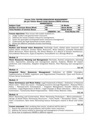 Course Title: WATER RESOURCES MANAGEMENT
[As per Choice Based Credit System (CBCS) scheme]
SEMESTER:VI
Subject Code 17CV661 IA Marks 40
Number of Lecture Hours/Week 03 Exam Marks 60
Total Number of Lecture Hours 40 Exam Hours 03
CREDITS – 03 Total Marks-100
Course objectives: This course will enable students to;
1. Judge surface and ground water resources.
2. Address the issues of water resources management.
3. Learn the principles of integrated water resources management.
4. Understand the legal framework of water policy.
5. Know the different methods of water harvesting.
Module -1
Surface and Ground water Resources: Hydrologic Cycle, Global water resources and
Indian Water resources, Surface Water Resources, Water Balance, Available Renewable
Water Resources, Water Scarcity, The Water Balance as a Result of Human Interference,
Groundwater Resources, Types of Aquifers, Groundwater as a Storage Medium
L2, L3
Module -2
Water Resources Planning and Management: Necessity, System components, planning
scales, Approaches, planning and management aspects, Analysis, Models for impact
prediction and evaluation, Adaptive Integrated Policies, Post Planning and management
Issues.
L2, L3
Module -3
Integrated Water Resources Management: Definition of IWRM, Principles,
Implementation of IWRM, Legislative and Organizational Framework, Types and Forms of
Private Sector Involvement.
L3, L4
Module -4
Water Governance and Water Policy: Legal Framework of Water – Substance of National
Water Laws – Other key issues – Changing incentives through Regulation - National Water
Policy – National-Level Commissions – Irrigation Management Transfer Policies and
Activities – Legal Registration of WUAs – Legal Changes in Water Allocation, – Role of Local
Institutions – Community Based Organizations – Water Policy Reforms: India.
L2, L3
Module -5
Water Harvesting and Conservation: Water Harvesting Techniques – Micro-catchments -
Design of Small Water Harvesting Structures – Farm Ponds – Percolation Tanks – Yield
from a Catchment, Rain water Harvesting-various techniques related to Rural and Urban
area.
L2, L3
Course outcomes: After studying this course, students will be able to:
1. Assess the potential of groundwater and surface water resources.
2. Address the issues related to planning and management of water resources.
3. Know how to implement IWRM in different regions.
 