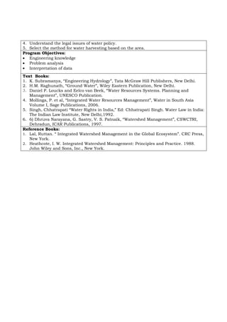 4. Understand the legal issues of water policy.
5. Select the method for water harvesting based on the area.
Program Objectives:
• Engineering knowledge
• Problem analysis
• Interpretation of data
Text Books:
1. K. Subramanya, “Engineering Hydrology”, Tata McGraw Hill Publishers, New Delhi.
2. H.M. Raghunath, “Ground Water”, Wiley Eastern Publication, New Delhi.
3. Daniel P. Loucks and Eelco van Beek, “Water Resources Systems. Planning and
Management”, UNESCO Publication.
4. Mollinga, P. et al, “Integrated Water Resources Management”, Water in South Asia
Volume I, Sage Publications, 2006.
5. Singh, Chhatrapati “Water Rights in India,” Ed: Chhatrapati Singh. Water Law in India:
The Indian Law Institute, New Delhi,1992.
6. 6) Dhruva Narayana, G. Sastry, V. S. Patnaik, “Watershed Management”, CSWCTRI,
Dehradun, ICAR Publications, 1997.
Reference Books:
1. Lal, Ruttan. “ Integrated Watershed Management in the Global Ecosystem”. CRC Press,
New York.
2. Heathcote, I. W. Integrated Watershed Management: Principles and Practice. 1988.
John Wiley and Sons, Inc., New York.
 