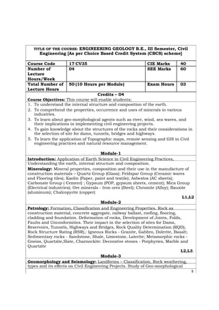 TITLE OF THE COURSE: ENGINEERING GEOLOGY B.E., III Semester, Civil
Engineering [As per Choice Based Credit System (CBCS) scheme]
Course Code 17 CV35 CIE Marks 40
Number of 04 SEE Marks 60
Lecture
Hours/Week
Total Number of 50 (10 Hours per Module) Exam Hours 03
Lecture Hours
Credits – 04
Course Objectives: This course will enable students;
1. To understand the internal structure and composition of the earth.
2. To comprehend the properties, occurrence and uses of minerals in various
industries.
3. To learn about geo-morphological agents such as river, wind, sea waves, and
their implications in implementing civil engineering projects.
4. To gain knowledge about the structures of the rocks and their considerations in
the selection of site for dams, tunnels, bridges and highways.
5. To learn the application of Topographic maps, remote sensing and GIS in Civil
engineering practices and natural resource management.
Module-1
Introduction: Application of Earth Science in Civil Engineering Practices,
Understanding the earth, internal structure and composition.
Mineralogy: Mineral properties, composition and their use in the manufacture of
construction materials – Quartz Group (Glass); Feldspar Group (Ceramic wares
and Flooring tiles); Kaolin (Paper, paint and textile); Asbestos (AC sheets);
Carbonate Group ( Cement) ; Gypsum (POP, gypsum sheets, cement); Mica Group
(Electrical industries); Ore minerals - Iron ores (Steel); Chromite (Alloy); Bauxite
(aluminum); Chalcopyrite (copper)
L1,L2
Module-2
Petrology: Formation, Classification and Engineering Properties. Rock as
construction material, concrete aggregate, railway ballast, roofing, flooring,
cladding and foundation. Deformation of rocks, Development of Joints, Folds,
Faults and Unconformities. Their impact in the selection of sites for Dams,
Reservoirs, Tunnels, Highways and Bridges, Rock Quality Determination (RQD),
Rock Structure Rating (RSR),: Igneous Rocks - Granite, Gabbro, Dolerite, Basalt;
Sedimentary rocks - Sandstone, Shale, Limestone, Laterite; Metamorphic rocks -
Gneiss, Quartzite,Slate, Charnockite: Decorative stones - Porphyries, Marble and
Quartzite
L2,L3.
Module-3
Geomorphology and Seismology: Landforms – Classification, Rock weathering,
types and its effects on Civil Engineering Projects. Study of Geo-morphological
9
 