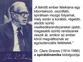 „A felnőtt ember lélektana egy
kibontakozó, oszcilláló,
spirálisan mozgó folyamat,
mely során a korábbi, régebbi,
alsóbb szintű
viselkedésrendszereket újabb,
magasabb szintű rendszerek
veszik át, amikor az ember
körül megváltoznak az
egzisztenciális feltételek.”
Dr. Clare Graves (1914-1986)
a spiráldinamika kidolgozója
 