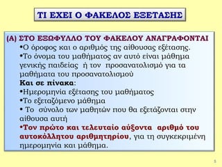 5
ΤΙ ΕΧΕΙ Ο ΦΑΚΕΛΟΣ ΕΞΕΤΑΣΗΣ
(Α) ΣΤΟ ΕΞΩΦΥΛΛΟ ΤΟΥ ΦΑΚΕΛΟΥ ΑΝΑΓΡΑΦΟΝΤΑΙ
•Ο όροφος και ο αριθμός της αίθουσας εξέτασης.
•Το όνομα του μαθήματος αν αυτό είναι μάθημα
γενικής παιδείας ή τον προσανατολισμό για τα
μαθήματα του προσανατολισμού
Και σε πίνακα:
•Ημερομηνία εξέτασης του μαθήματος
•Το εξεταζόμενο μάθημα
• Το σύνολο των μαθητών που θα εξετάζονται στην
αίθουσα αυτή
•Τον πρώτο και τελευταίο αύξοντα αριθμό του
αυτοκόλλητου αριθμητηρίου, για τη συγκεκριμένη
ημερομηνία και μάθημα.
 