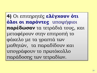 59
4) Οι επιτηρητές ελέγχουν ότι
όλοι οι παρόντες υποψήφιοι
παρέδωσαν τα τετράδιά τους, και
μεταφέρουν στην επιτροπή το
φάκελο με τα γραπτά των
μαθητών, τα παραδίδουν και
υπογράφουν το πρωτόκολλο
παράδοσης των τετραδίων.
 
