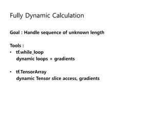 Fully Dynamic Calculation
Goal : Handle sequence of unknown length
Tools :
• tf.while_loop
dynamic loops + gradients
• tf.TensorArray
dynamic Tensor slice access, gradients
 