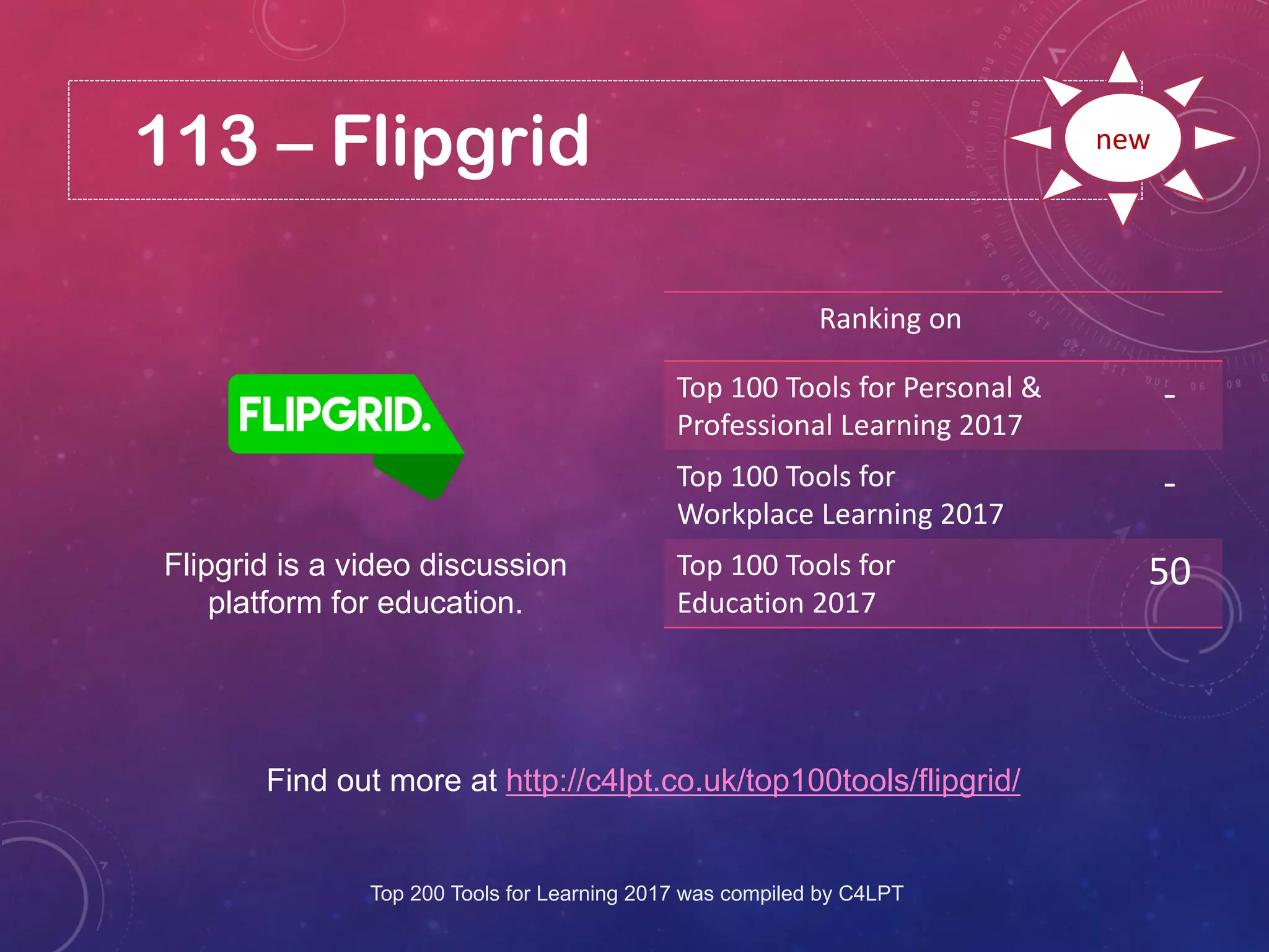 113 – Flipgrid
Find out more at http://c4lpt.co.uk/top100tools/flipgrid/
Ranking on
Top 100 Tools for Personal &
Professional Learning 2017
-
Top 100 Tools for
Workplace Learning 2017
-
Top 100 Tools for
Education 2017
50
new
Flipgrid is a video discussion
platform for education.
Top 200 Tools for Learning 2017 was compiled by C4LPT
 