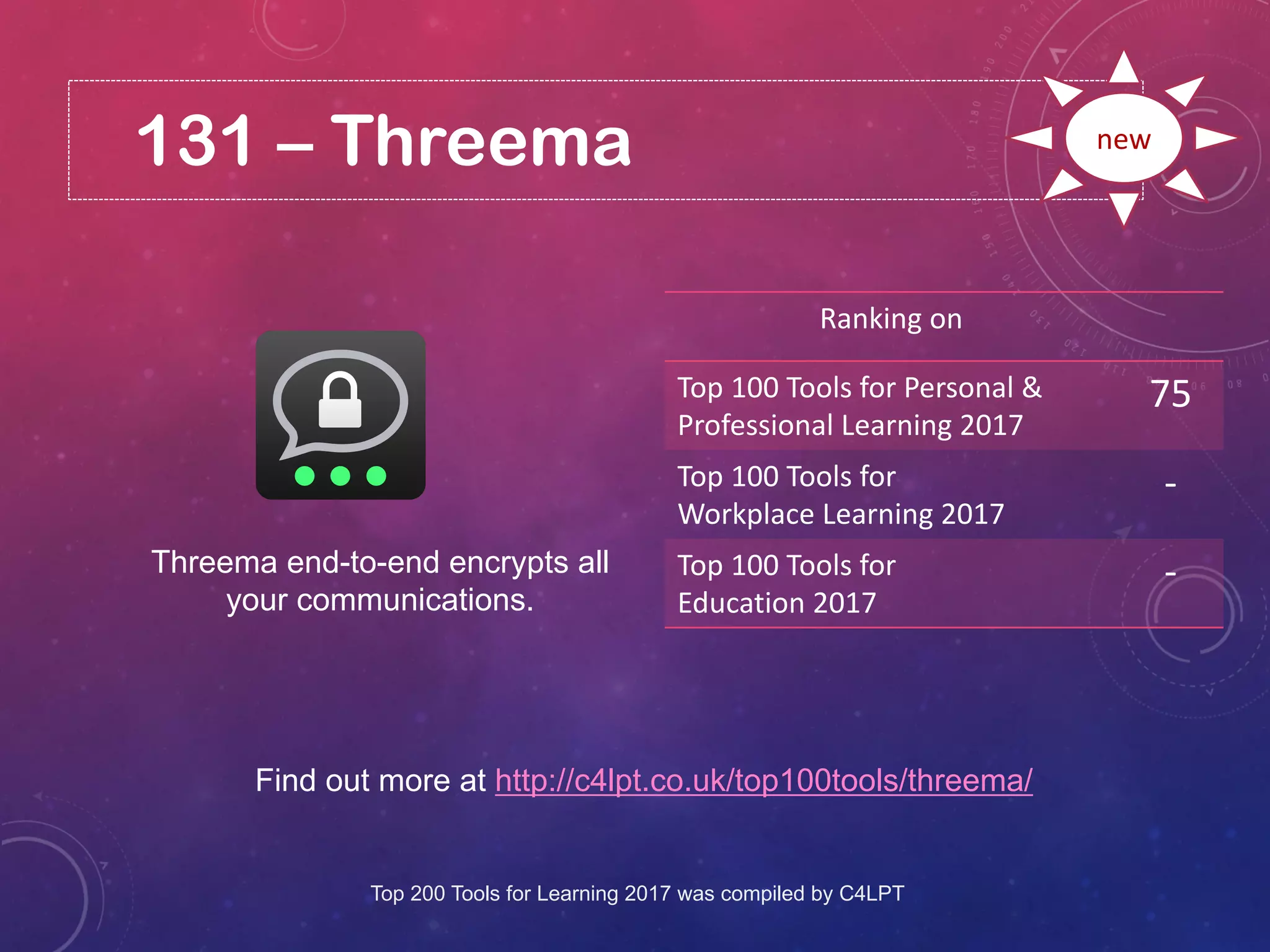 131 – Threema
Find out more at http://c4lpt.co.uk/top100tools/threema/
Ranking on
Top 100 Tools for Personal &
Professional Learning 2017
75
Top 100 Tools for
Workplace Learning 2017
-
Top 100 Tools for
Education 2017
-
new
Threema end-to-end encrypts all
your communications.
Top 200 Tools for Learning 2017 was compiled by C4LPT
 