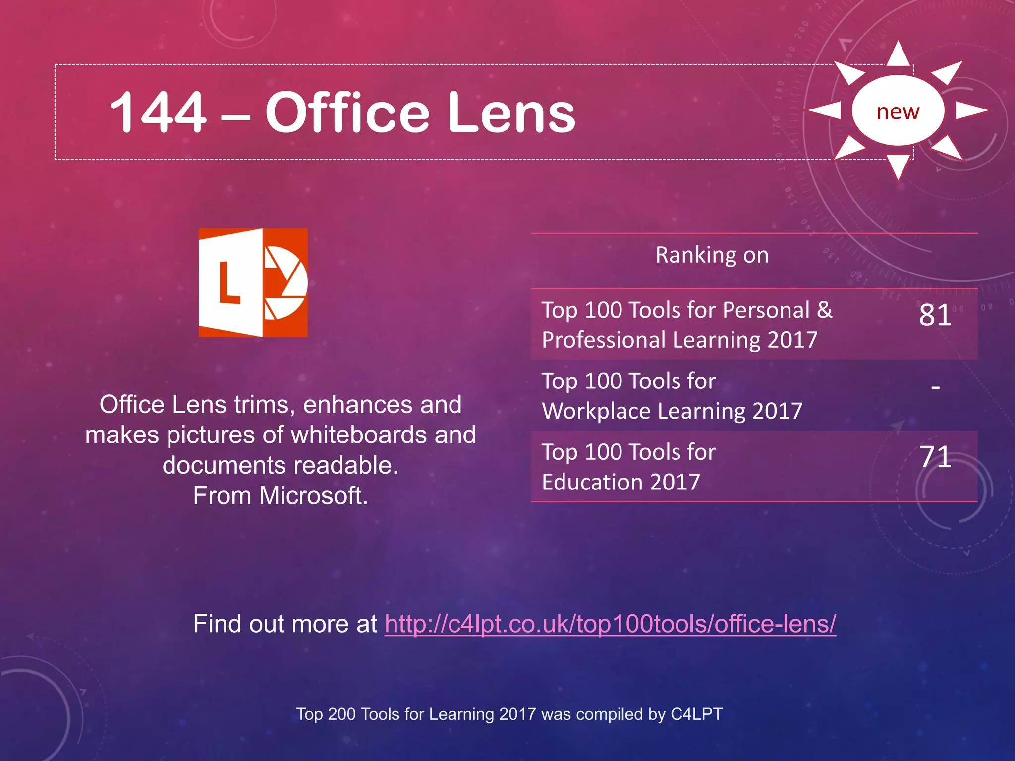 144 – Office Lens
Find out more at http://c4lpt.co.uk/top100tools/office-lens/
Ranking on
Top 100 Tools for Personal &
Professional Learning 2017
81
Top 100 Tools for
Workplace Learning 2017
-
Top 100 Tools for
Education 2017
71
new
Office Lens trims, enhances and
makes pictures of whiteboards and
documents readable.
From Microsoft.
Top 200 Tools for Learning 2017 was compiled by C4LPT
 