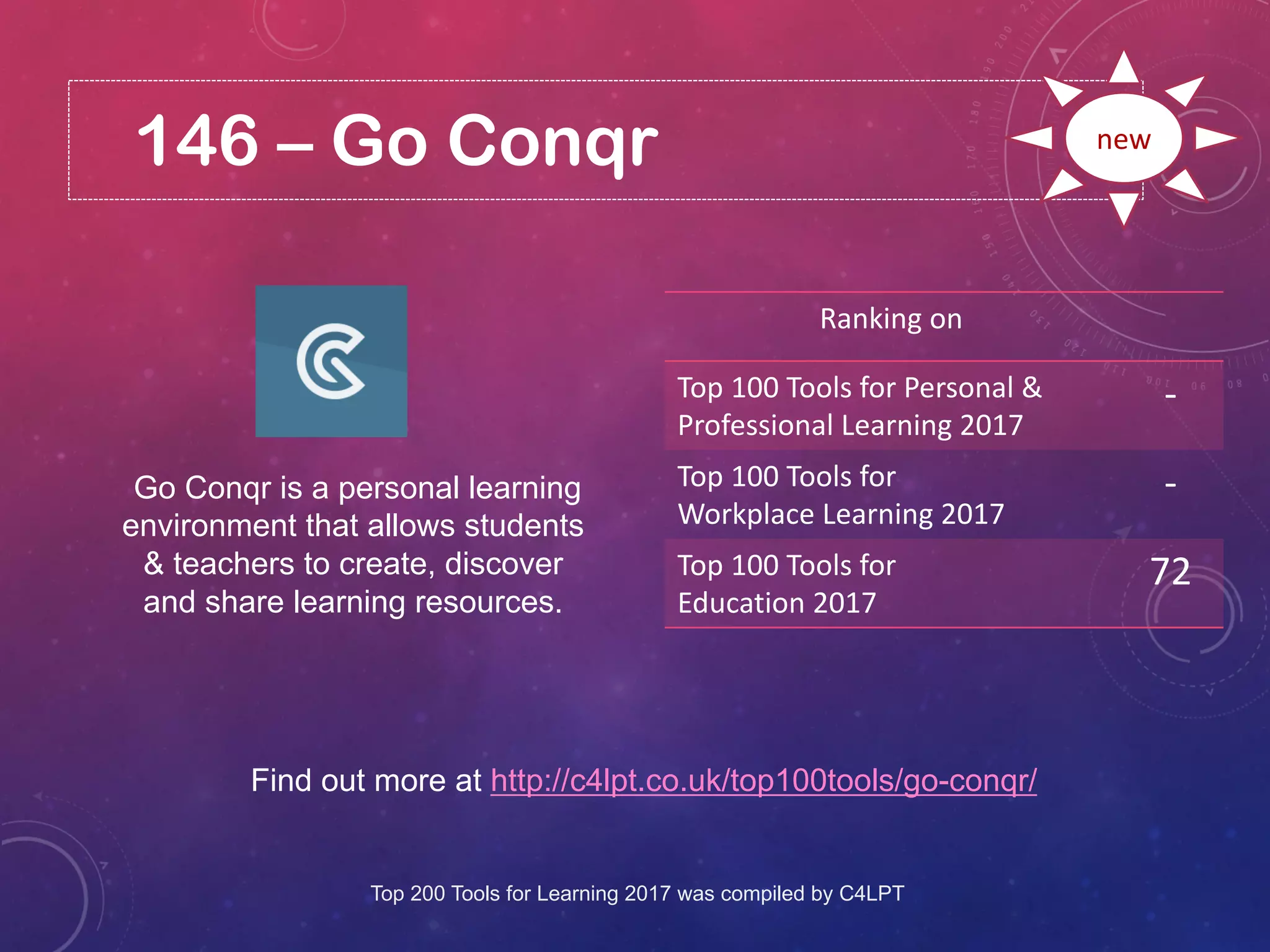 146 – Go Conqr
Find out more at http://c4lpt.co.uk/top100tools/go-conqr/
Ranking on
Top 100 Tools for Personal &
Professional Learning 2017
-
Top 100 Tools for
Workplace Learning 2017
-
Top 100 Tools for
Education 2017
72
new
Go Conqr is a personal learning
environment that allows students
& teachers to create, discover
and share learning resources.
Top 200 Tools for Learning 2017 was compiled by C4LPT
 