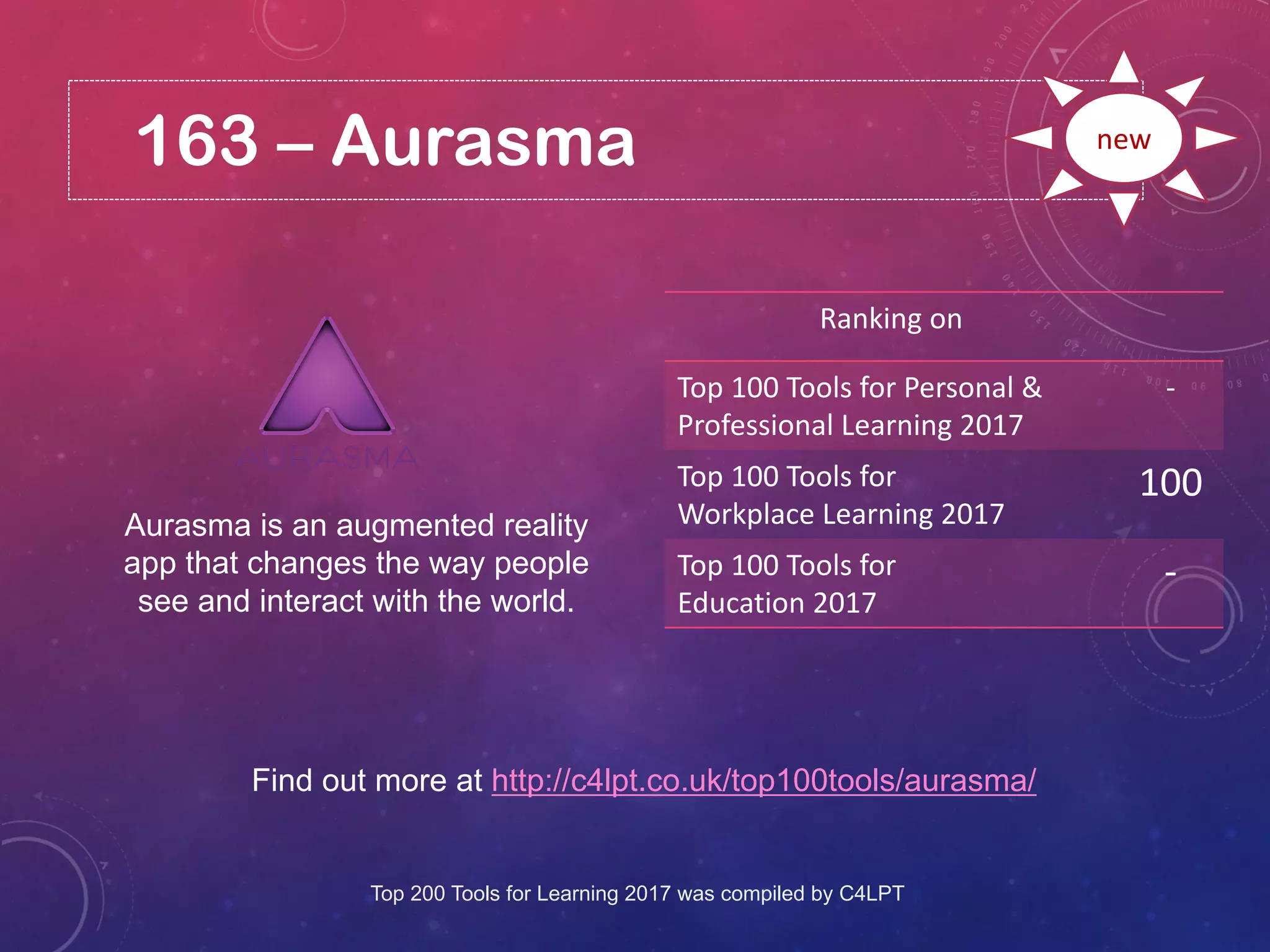 163 – Aurasma
Find out more at http://c4lpt.co.uk/top100tools/aurasma/
Ranking on
Top 100 Tools for Personal &
Professional Learning 2017
-
Top 100 Tools for
Workplace Learning 2017
100
Top 100 Tools for
Education 2017
-
new
Aurasma is an augmented reality
app that changes the way people
see and interact with the world.
Top 200 Tools for Learning 2017 was compiled by C4LPT
 