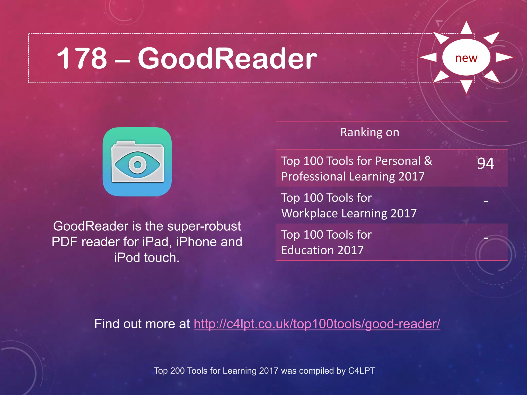 178 – GoodReader
Find out more at http://c4lpt.co.uk/top100tools/good-reader/
Ranking on
Top 100 Tools for Personal &
Professional Learning 2017
94
Top 100 Tools for
Workplace Learning 2017
-
Top 100 Tools for
Education 2017
-
new
GoodReader is the super-robust
PDF reader for iPad, iPhone and
iPod touch.
Top 200 Tools for Learning 2017 was compiled by C4LPT
 