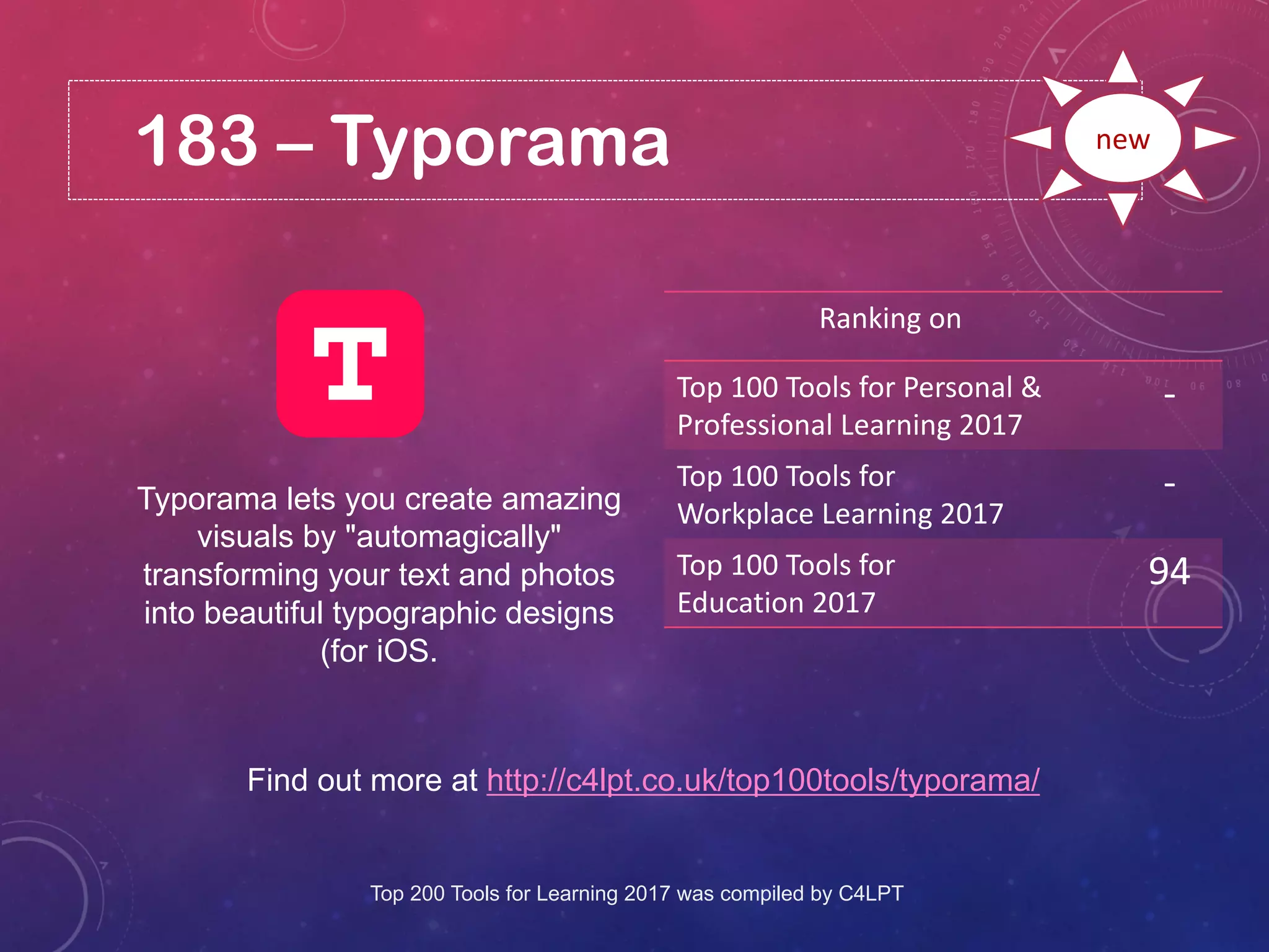 183 – Typorama
Find out more at http://c4lpt.co.uk/top100tools/typorama/
Ranking on
Top 100 Tools for Personal &
Professional Learning 2017
-
Top 100 Tools for
Workplace Learning 2017
-
Top 100 Tools for
Education 2017
94
new
Typorama lets you create amazing
visuals by "automagically"
transforming your text and photos
into beautiful typographic designs
(for iOS.
Top 200 Tools for Learning 2017 was compiled by C4LPT
 