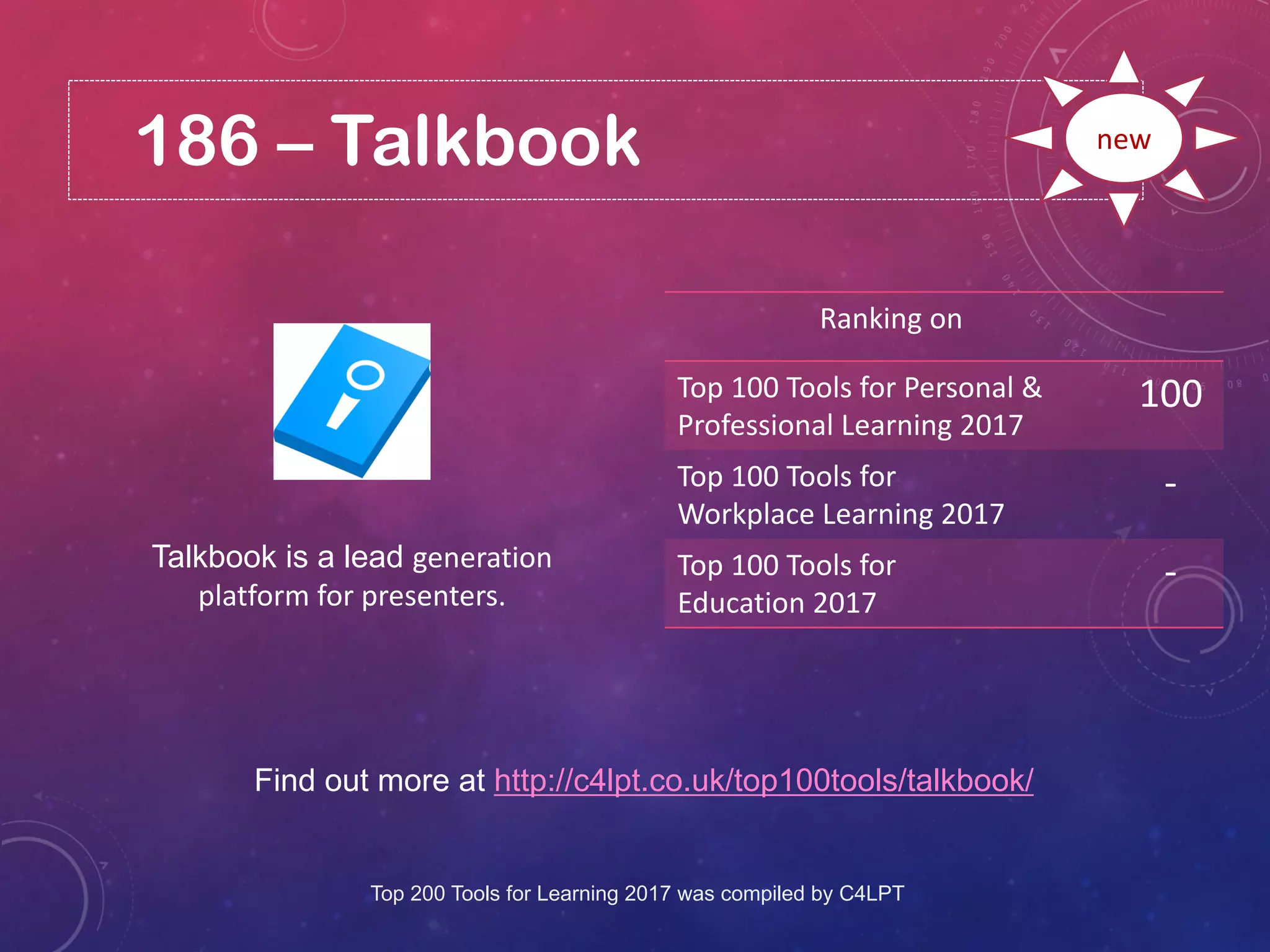 186 – Talkbook
Find out more at http://c4lpt.co.uk/top100tools/talkbook/
Ranking on
Top 100 Tools for Personal &
Professional Learning 2017
100
Top 100 Tools for
Workplace Learning 2017
-
Top 100 Tools for
Education 2017
-
new
Talkbook is a lead generation
platform for presenters.
Top 200 Tools for Learning 2017 was compiled by C4LPT
 
