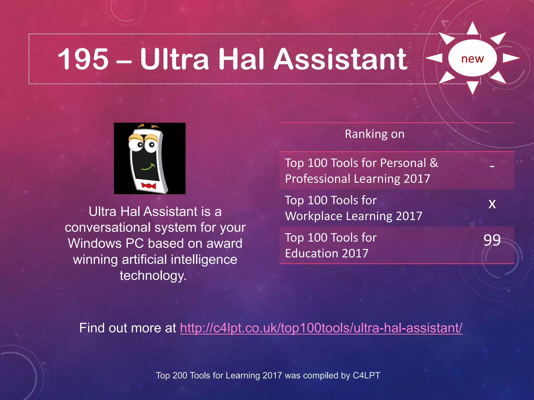 195 – Ultra Hal Assistant
Find out more at http://c4lpt.co.uk/top100tools/ultra-hal-assistant/
Ranking on
Top 100 Tools for Personal &
Professional Learning 2017
-
Top 100 Tools for
Workplace Learning 2017
x
Top 100 Tools for
Education 2017
99
new
Ultra Hal Assistant is a
conversational system for your
Windows PC based on award
winning artificial intelligence
technology.
Top 200 Tools for Learning 2017 was compiled by C4LPT
 
