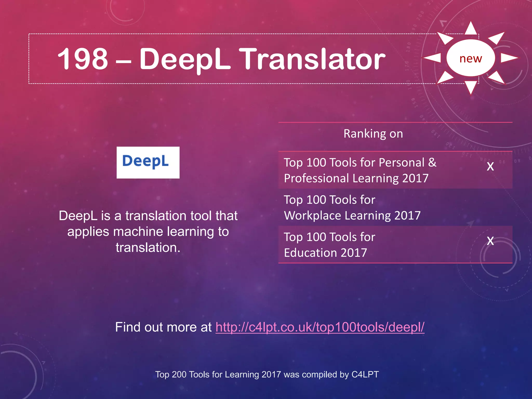 198 – DeepL Translator
Find out more at http://c4lpt.co.uk/top100tools/deepl/
Ranking on
Top 100 Tools for Personal &
Professional Learning 2017
x
Top 100 Tools for
Workplace Learning 2017
Top 100 Tools for
Education 2017
x
new
DeepL is a translation tool that
applies machine learning to
translation.
Top 200 Tools for Learning 2017 was compiled by C4LPT
 