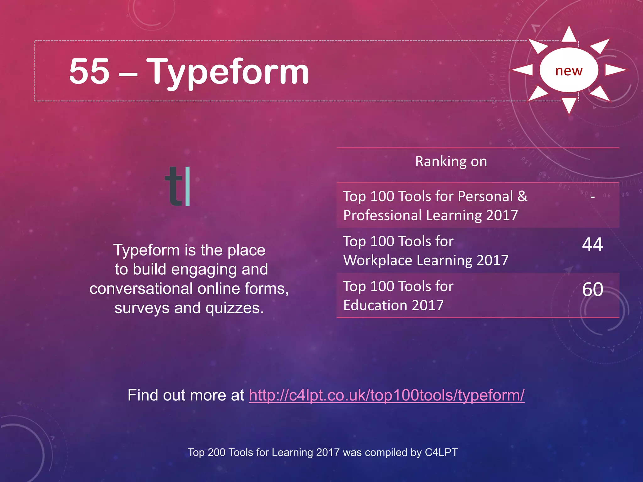 55 – Typeform
Find out more at http://c4lpt.co.uk/top100tools/typeform/
Ranking on
Top 100 Tools for Personal &
Professional Learning 2017
-
Top 100 Tools for
Workplace Learning 2017
44
Top 100 Tools for
Education 2017
60
new
Typeform is the place
to build engaging and
conversational online forms,
surveys and quizzes.
Top 200 Tools for Learning 2017 was compiled by C4LPT
 