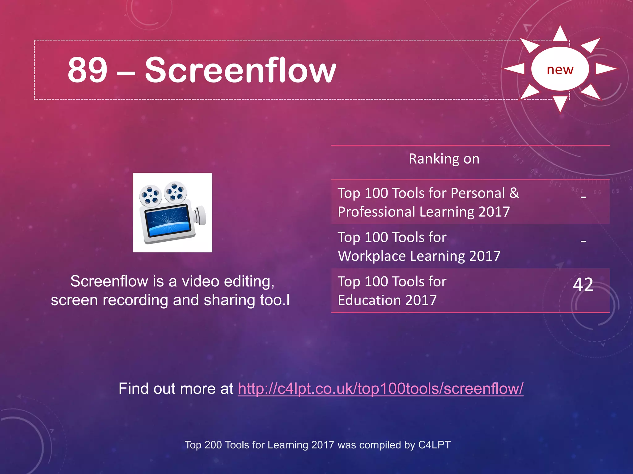 89 – Screenflow
Find out more at http://c4lpt.co.uk/top100tools/screenflow/
Ranking on
Top 100 Tools for Personal &
Professional Learning 2017
-
Top 100 Tools for
Workplace Learning 2017
-
Top 100 Tools for
Education 2017
42
new
Screenflow is a video editing,
screen recording and sharing too.l
Top 200 Tools for Learning 2017 was compiled by C4LPT
 
