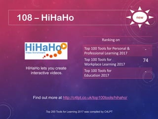 108 – HiHaHo
Find out more at http://c4lpt.co.uk/top100tools/hihaho/
Ranking on
Top 100 Tools for Personal &
Professional Learning 2017
-
Top 100 Tools for
Workplace Learning 2017
74
Top 100 Tools for
Education 2017
-
new
HiHaHo lets you create
interactive videos.
Top 200 Tools for Learning 2017 was compiled by C4LPT
 