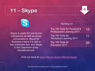 11 – Skype
Skype is useful for one-to-one
interactions as well as group
conversations. Skype for
Business means it is also a
key enterprise tool, and Skype
in the Classroom a key
educational tool.
Find out more at www.c4lpt.co.uk/top100tools/skype/
Ranking on
Top 100 Tools for Personal &
Professional Learning 2017
15
Top 100 Tools for
Workplace Learning 2017
11
Top 100 Tools for
Education 2017
26
Top 200 Tools for Learning 2017 was compiled by C4LPT
4
 