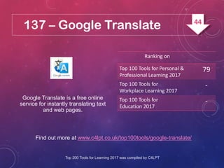 137 – Google Translate
Find out more at www.c4lpt.co.uk/top100tools/google-translate/
Google Translate is a free online
service for instantly translating text
and web pages.
Ranking on
Top 100 Tools for Personal &
Professional Learning 2017
79
Top 100 Tools for
Workplace Learning 2017
-
Top 100 Tools for
Education 2017
-
Top 200 Tools for Learning 2017 was compiled by C4LPT
44
 