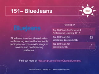 151– BlueJeans
Find out more at http://c4lpt.co.uk/top100tools/bluejeans/
Ranking on
Top 100 Tools for Personal &
Professional Learning 2017
-
Top 100 Tools for
Workplace Learning 2017
93
Top 100 Tools for
Education 2017
-
new
BlueJeans is a cloud-based video
conferencing service that connects
participants across a wide range of
devices and conferencing
platforms.
Top 200 Tools for Learning 2017 was compiled by C4LPT
 