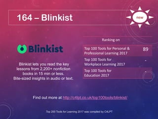 164 – Blinkist
Find out more at http://c4lpt.co.uk/top100tools/blinkist/
Ranking on
Top 100 Tools for Personal &
Professional Learning 2017
89
Top 100 Tools for
Workplace Learning 2017
-
Top 100 Tools for
Education 2017
-
new
Blinkist lets you read the key
lessons from 2,200+ nonfiction
books in 15 min or less.
Bite-sized insights in audio or text.
Top 200 Tools for Learning 2017 was compiled by C4LPT
 