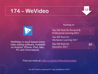 174 – WeVideo
Find out more at c4lpt.co.uk/top100tools/wevideo/
WeWideo is cloud based online
video editing software. Available
on Android, iPhone, iPad, Mac,
PC and Chromebook.
Ranking on
Top 100 Tools for Personal &
Professional Learning 2017
-
Top 100 Tools for
Workplace Learning 2017
-
Top 100 Tools for
Education 2017
89
Top 200 Tools for Learning 2017 was compiled by C4LPT
13
 