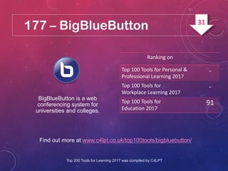 177 – BigBlueButton
Find out more at www.c4lpt.co.uk/top100tools/bigbluebutton/
BigBlueButton is a web
conferencing system for
universities and colleges.
Ranking on
Top 100 Tools for Personal &
Professional Learning 2017
-
Top 100 Tools for
Workplace Learning 2017
-
Top 100 Tools for
Education 2017
91
Top 200 Tools for Learning 2017 was compiled by C4LPT
31
 