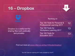 16 – Dropbox
Dropbox is a useful tool for
sharing files both publically
and privately.
Find out more at www.c4lpt.co.uk/top100tools/dropbox/
Ranking on
Top 100 Tools for Personal &
Professional Learning 2017
12
Top 100 Tools for
Workplace Learning 2017
13
Top 100 Tools for
Education 2017
13
Top 200 Tools for Learning 2017 was compiled by C4LPT
6
 